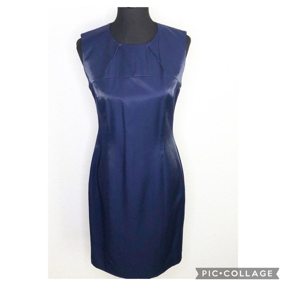 WORTH navy blue metallic sleeveless wool blend sheath dress size 6 holiday party
